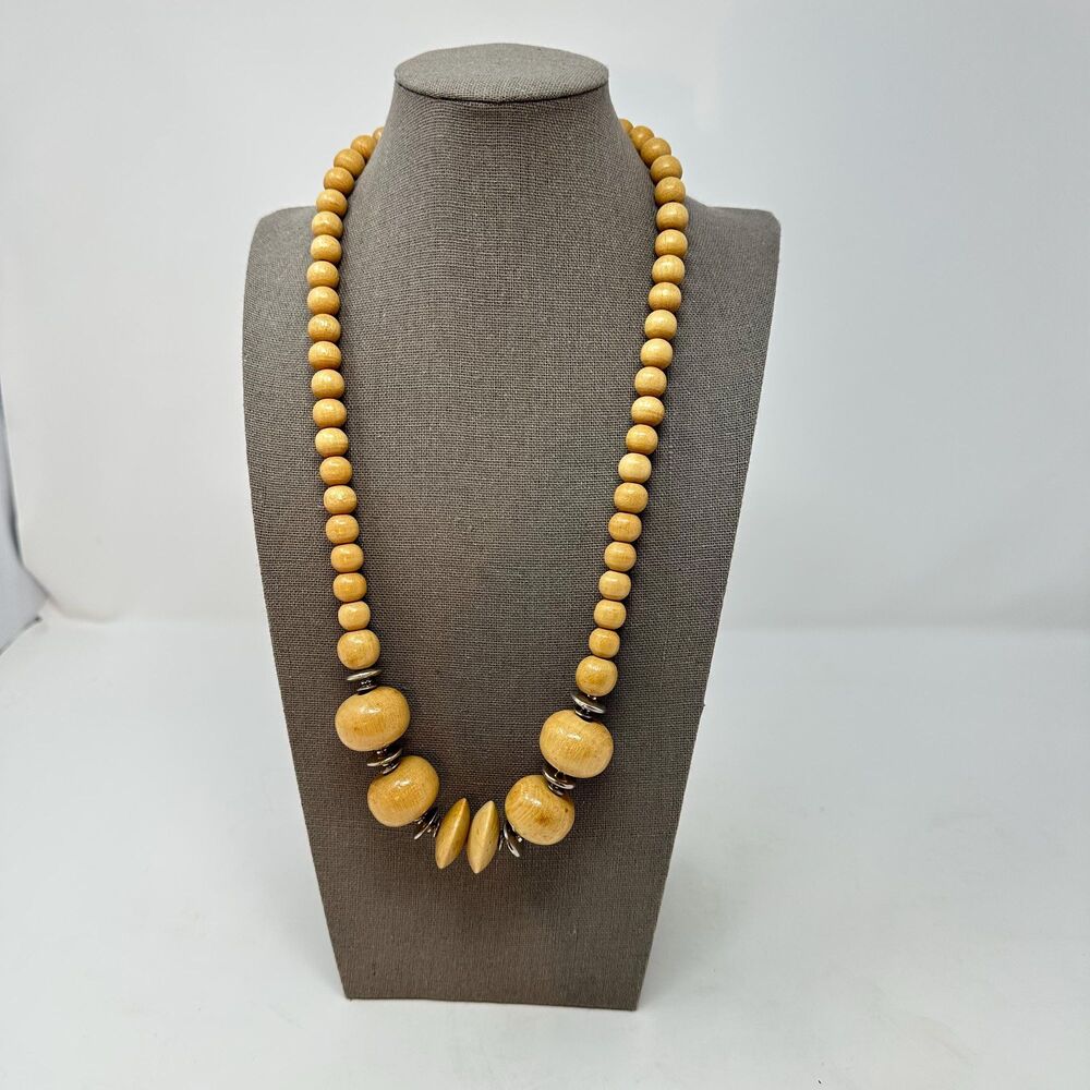 Vintage Boho Natural Wood Bead Statement Necklace 26" Chunky Earthy - 70s Vibe